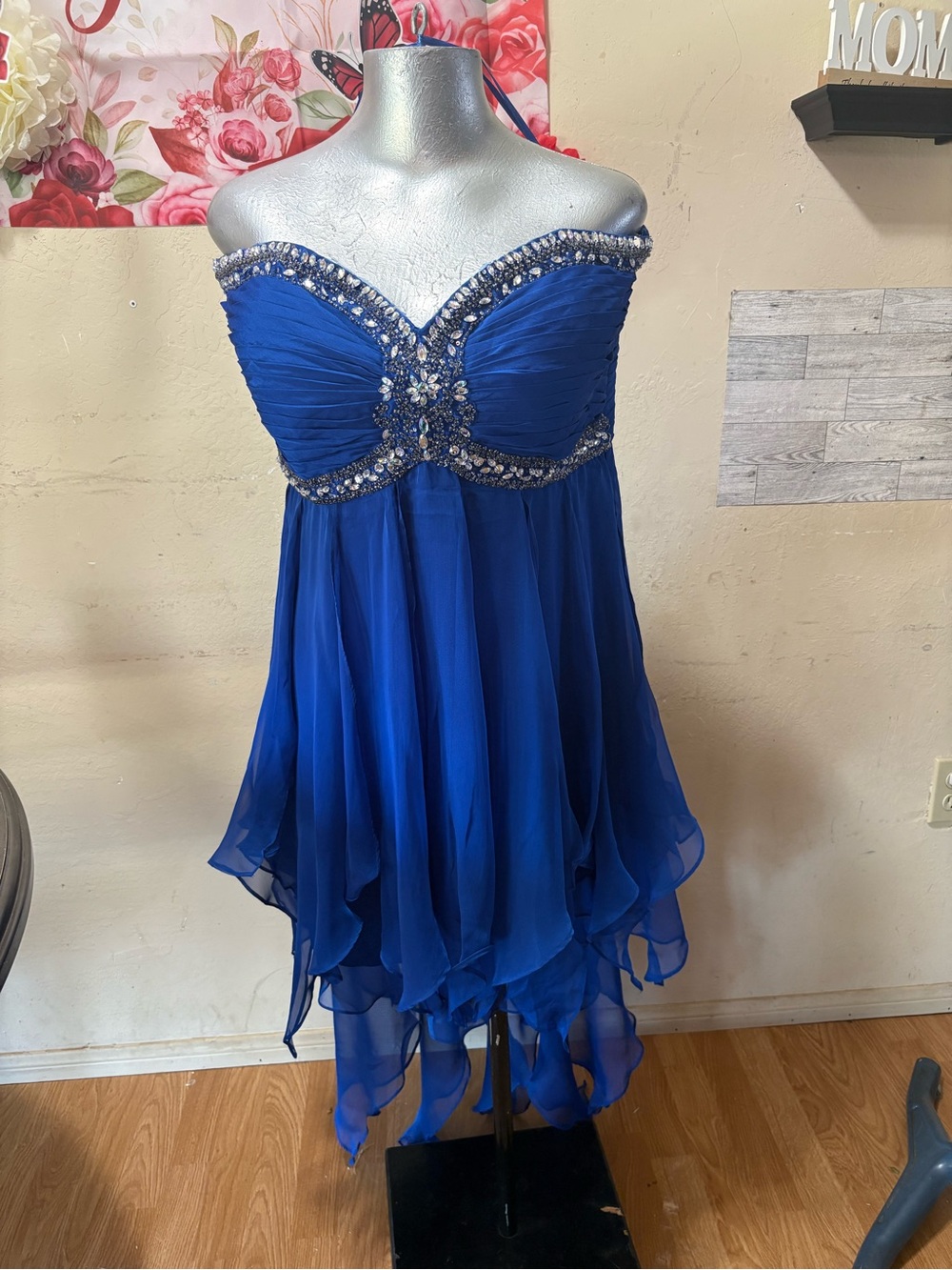 Xscape Royal Blue Strapless Beaded Bodice Chiffon High-Low Dress